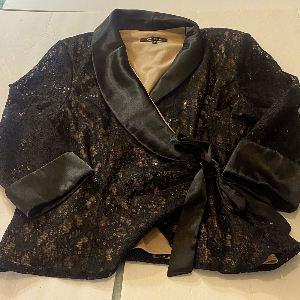 Blu Sage Black Lace Women's Wrap  Blazer with Satin Trim, Sheer Lace Sleeved